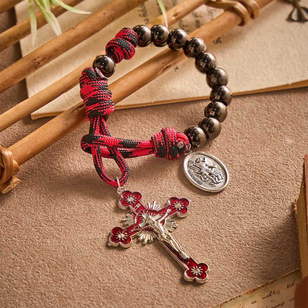 Solacebeads Gunmetal Bead Car Rosary & Red Enamel Crucifix: Rooted In St. Michael Protection