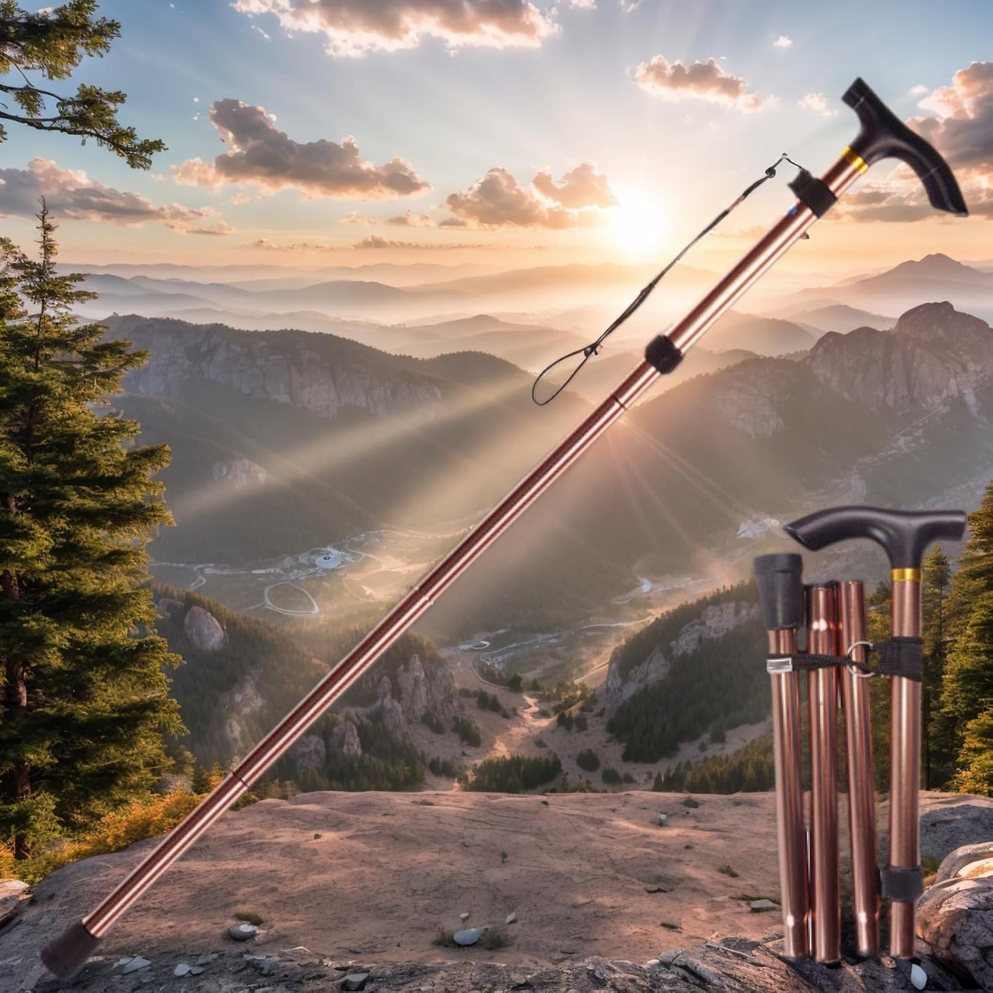 Adjustable from 33‘’ to37‘’Walking Cane Hiking Poles Climbing Snowingshoeing Pole with Ergonomic Handle,Brown and Black for Outdoor for Woman,Man, The Elder