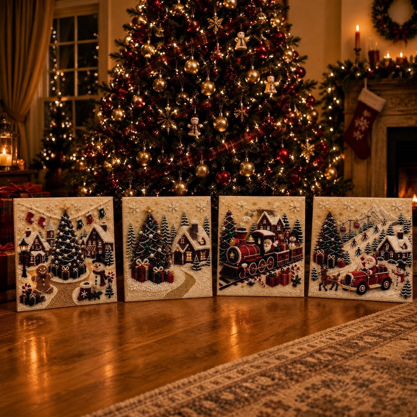 🎄🎅 Premium 3D Pearl Christmas Wall Art Kit | Luxury Flocked Canvas with Scratch-Resistant Non-Fading Pearl Beads DIY Holiday Decor ⛄️❄️