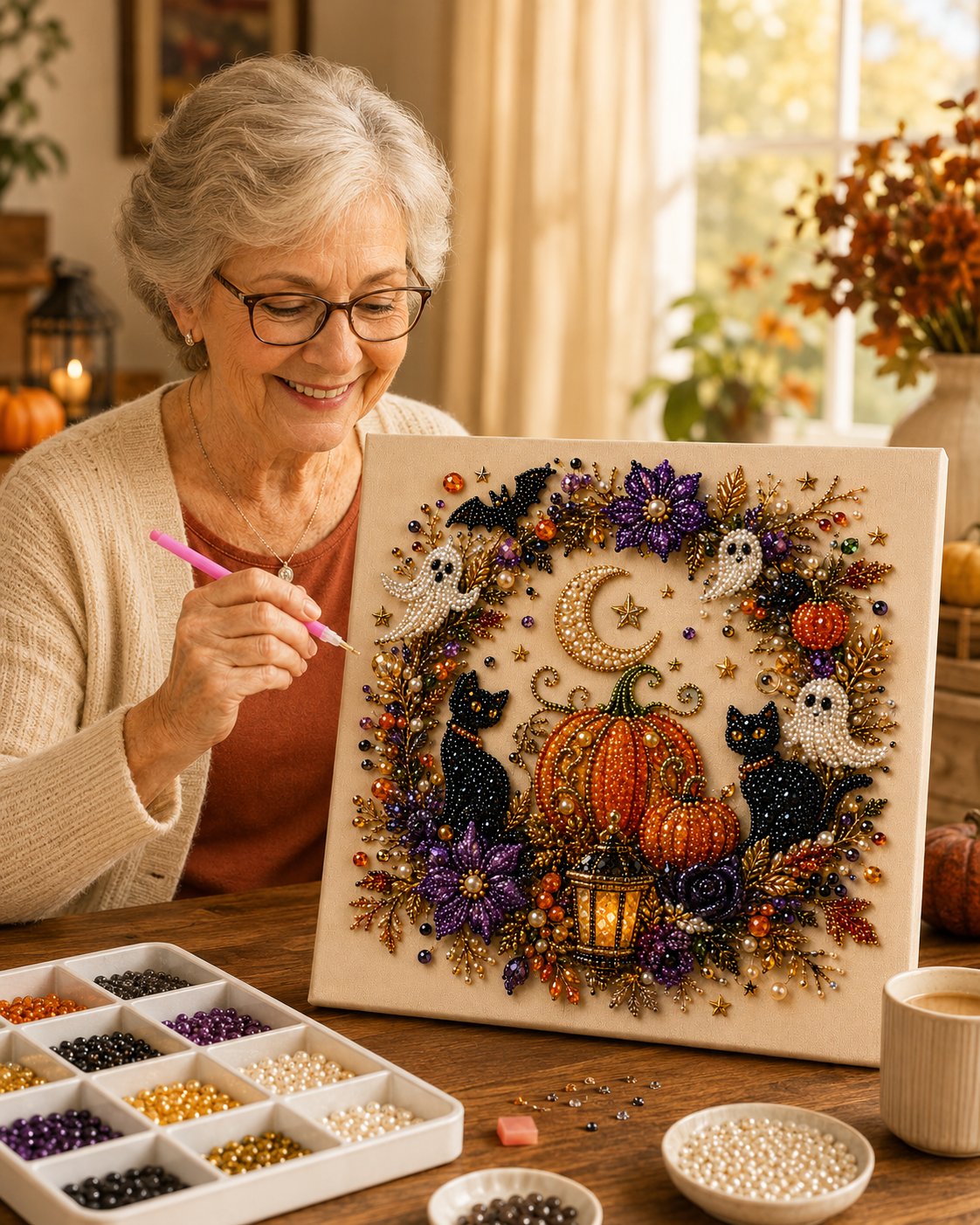 Halloween Pearl Art DIY Kit โ Turn Tiny Pearls into Spooky-Cute Magic