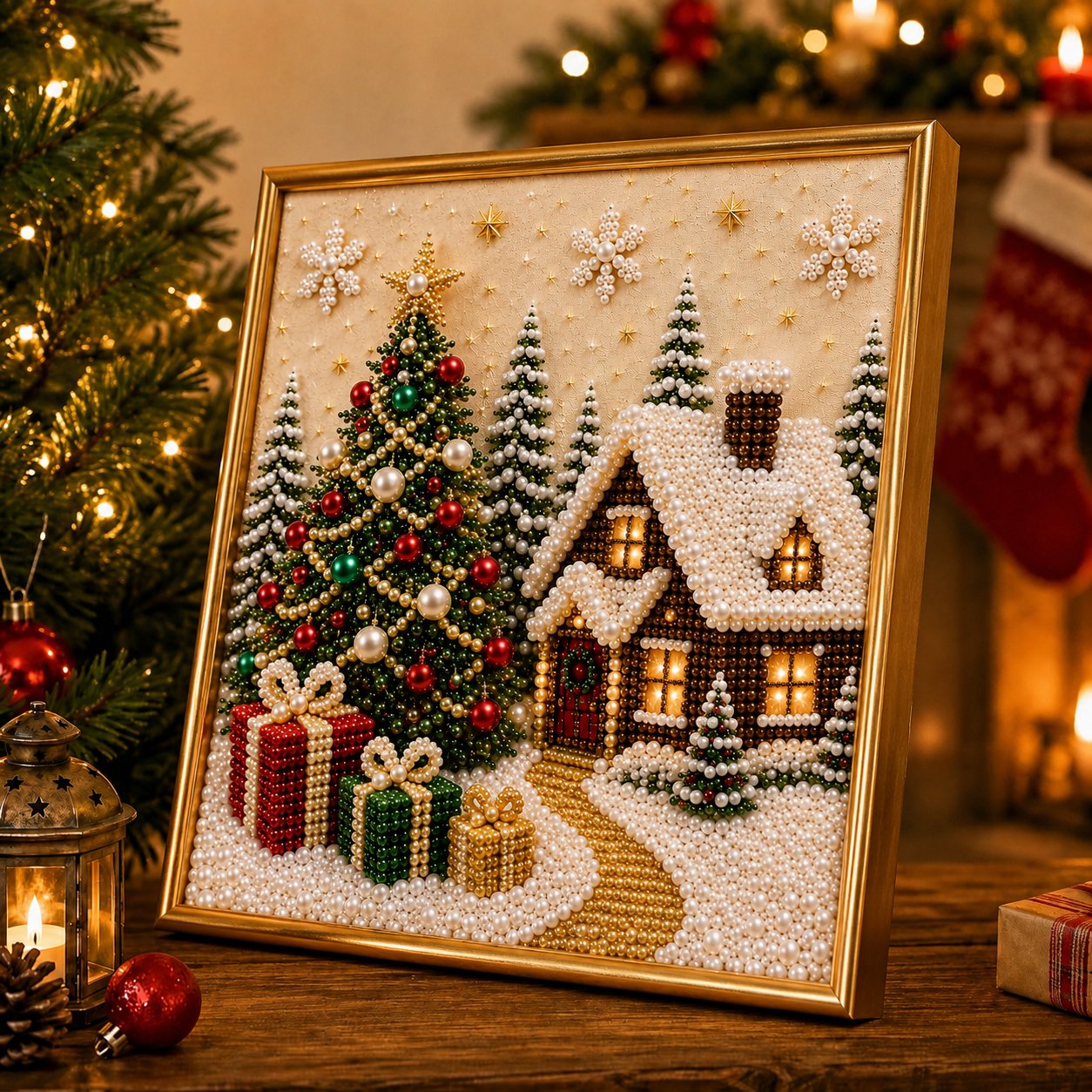 🎄🎅 Premium 3D Pearl Christmas Wall Art Kit | Luxury Flocked Canvas with Scratch-Resistant Non-Fading Pearl Beads DIY Holiday Decor ⛄️❄️