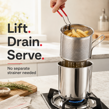 Personal Mini Deep Fryer Set – Stainless Steel Pot with Lift-Out Draining Basket & Food Tongs