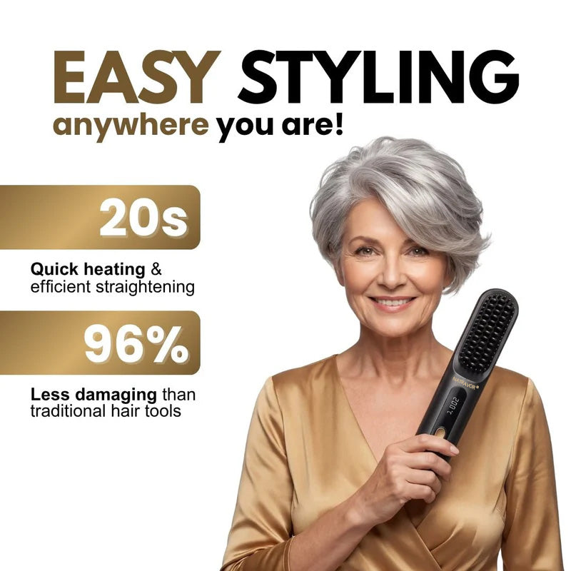 Black Compact Portable Heated Comb Straightener - USB Type-C Charge, 3 Heat Modes, Lightweight Wireless Adjustable Tool for Smooth, Frizz-Free Hair (Portable Hair Straightener for Travel)