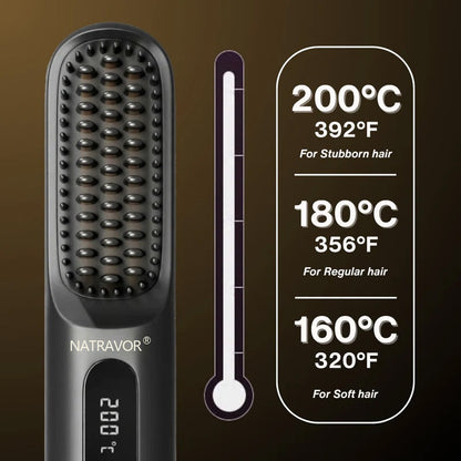 Black Compact Portable Heated Comb Straightener - USB Type-C Charge, 3 Heat Modes, Lightweight Wireless Adjustable Tool for Smooth, Frizz-Free Hair (Portable Hair Straightener for Travel)