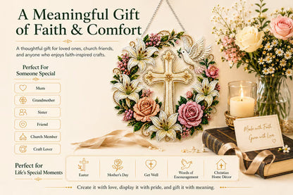 ✝️💐 Cross, Flowers & Dove Diamond Art Hanging Ornament Kit – A Relaxing DIY Craft Filled with Faith & Peace ✨🙏