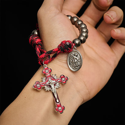 Solacebeads Gunmetal Bead Car Rosary & Red Enamel Crucifix: Rooted In St. Michael Protection