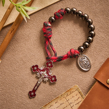 Solacebeads Gunmetal Bead Car Rosary & Red Enamel Crucifix: Rooted In St. Michael Protection