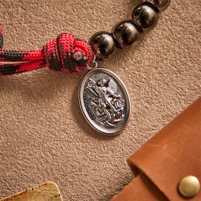 Solacebeads Gunmetal Bead Car Rosary & Red Enamel Crucifix: Rooted In St. Michael Protection