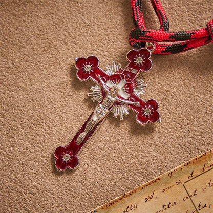 Solacebeads Gunmetal Bead Car Rosary & Red Enamel Crucifix: Rooted In St. Michael Protection