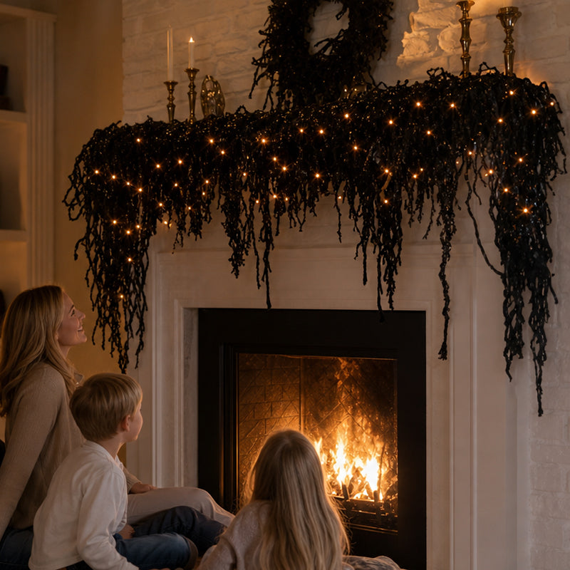 🎃Halloween Fireplace Decor Set with LED Lights – Black Vine Garland for Mantel, Door Frame, Window & Spooky Party Decor👻