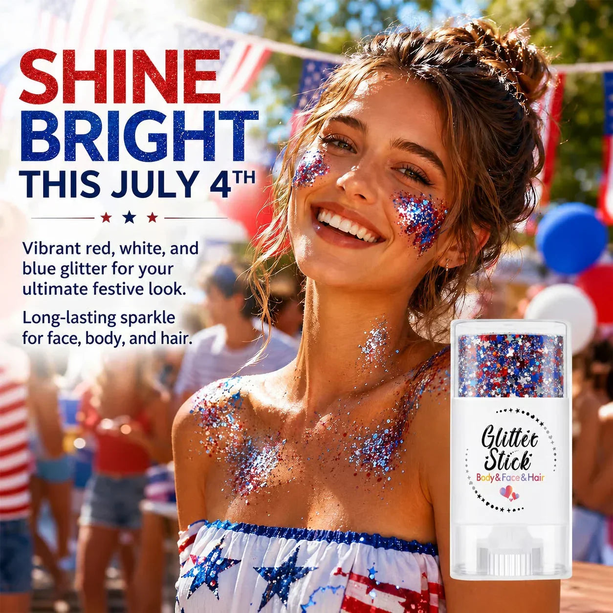 🦅4th of July Glitter Stick✨Red, White & Blue Body & Hair Sparkle.