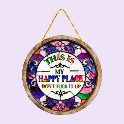 Stained Glass-Style Happy Place Hanging Suncatcher | Sunlight-Catching Quote Decor for Windows, Porches, Patios & Gifts ✨