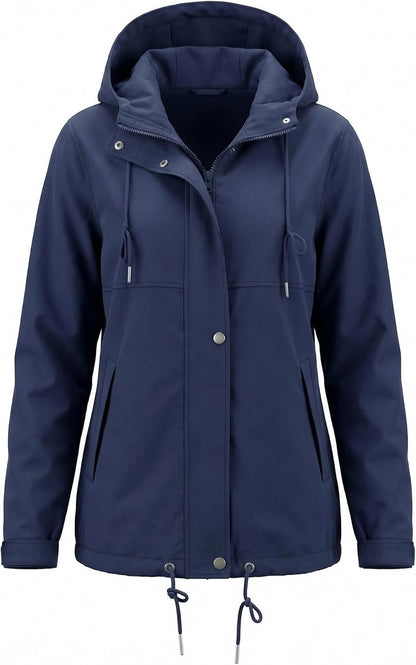Rain Jacket Women Waterproof Lightweight Drawstring Zip Rain Coats Hiking Outdoor Travel Windbreaker with Hood