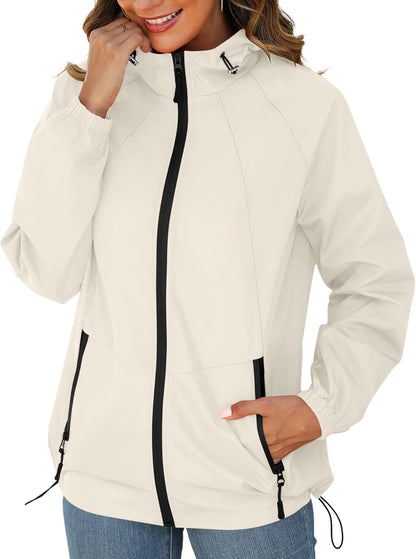 Rain Jacket for Women Waterproof Lightweight Windbreaker Jacket with Hood Packable Raincoat with Pockets S-3XL