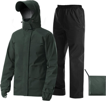 Rain Suit Waterproof Jacket with Pants 2 Pieces Breathable Lightweight Packable Raincoat with Hooded Rain Gear Unisex