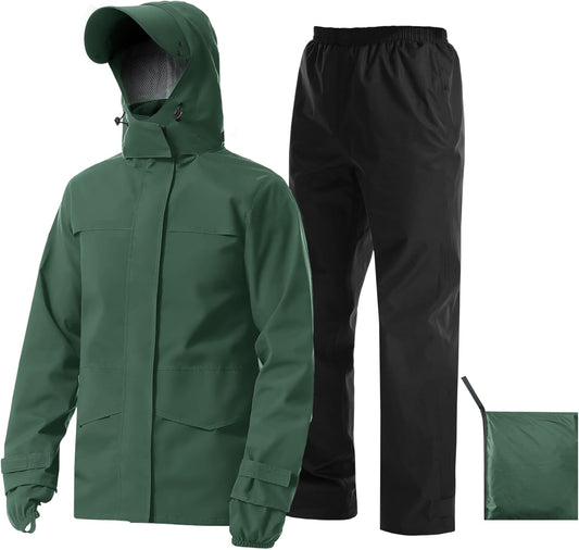 Rain Suit Waterproof Jacket with Pants 2 Pieces Breathable Lightweight Packable Raincoat with Hooded Rain Gear Unisex
