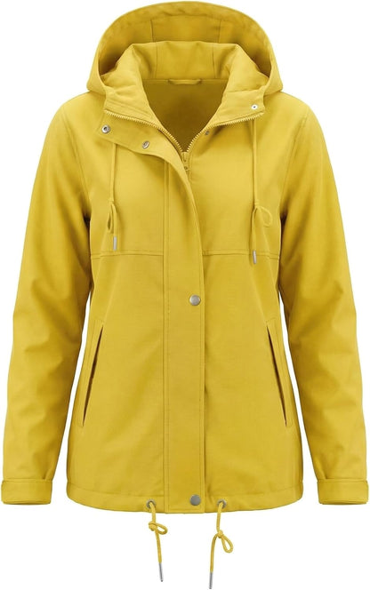 Rain Jacket Women Waterproof Lightweight Drawstring Zip Rain Coats Hiking Outdoor Travel Windbreaker with Hood