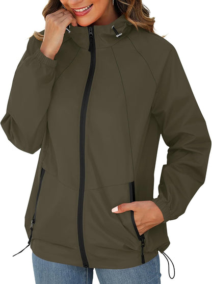 Rain Jacket for Women Waterproof Lightweight Windbreaker Jacket with Hood Packable Raincoat with Pockets S-3XL