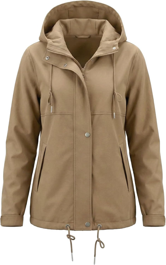 Rain Jacket Women Waterproof Lightweight Drawstring Zip Rain Coats Hiking Outdoor Travel Windbreaker with Hood