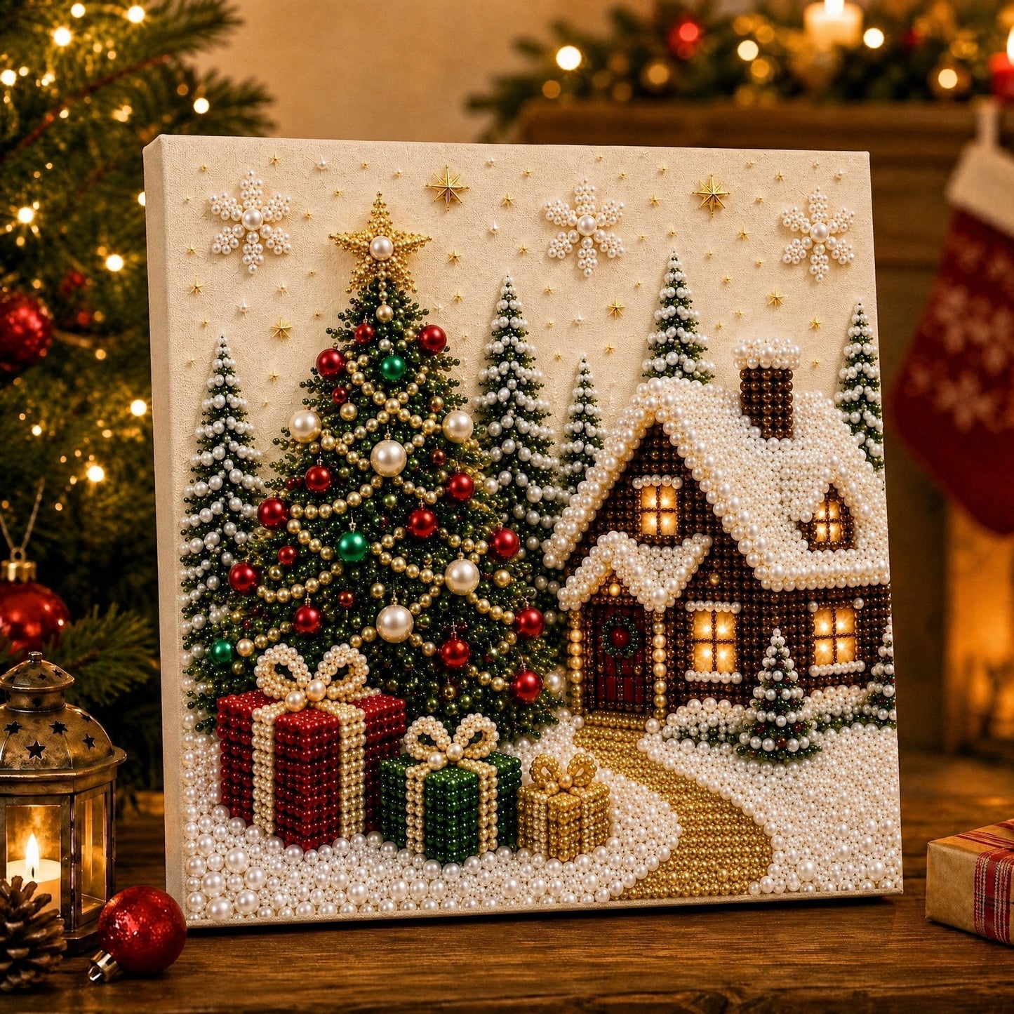 🎄🎅 Premium 3D Pearl Christmas Wall Art Kit | Luxury Flocked Canvas with Scratch-Resistant Non-Fading Pearl Beads DIY Holiday Decor ⛄️❄️