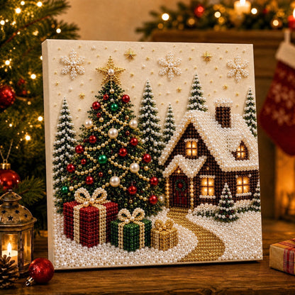 🎄🎅 Premium 3D Pearl Christmas Wall Art Kit | Luxury Flocked Canvas with Scratch-Resistant Non-Fading Pearl Beads DIY Holiday Decor ⛄️❄️