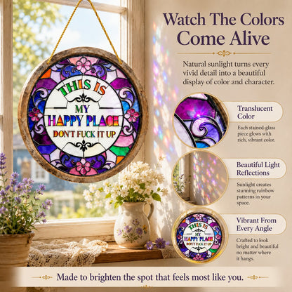 Stained Glass-Style Happy Place Hanging Suncatcher | Sunlight-Catching Quote Decor for Windows, Porches, Patios & Gifts ✨