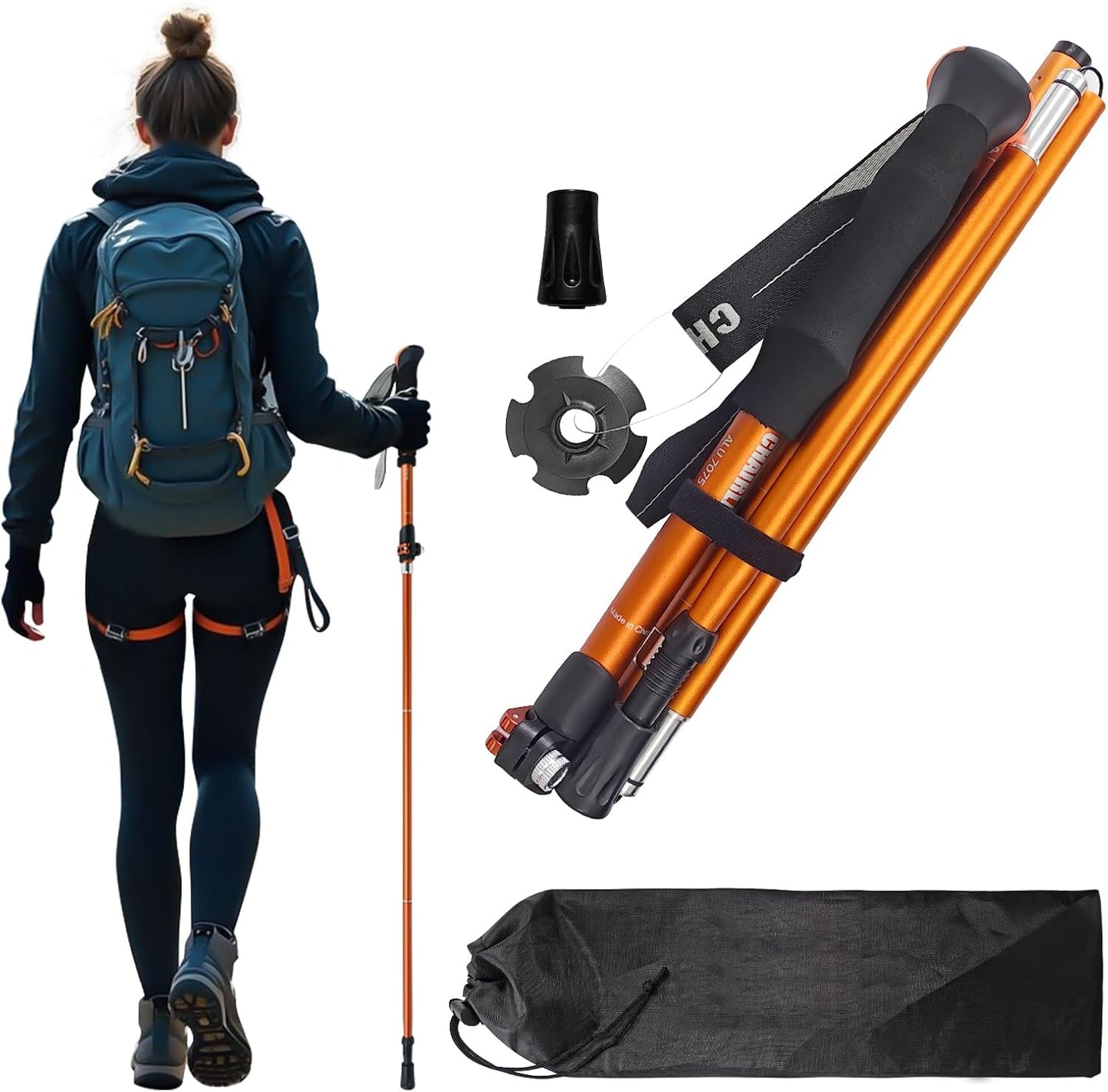 Collapsible Trekking Pole 7075 Aluminum Adjustable 43.3"-51.2" Hiking Pole Quick-Lock Design, Walking Sticks for Hiking/Camping/Travel (Matte Orange)