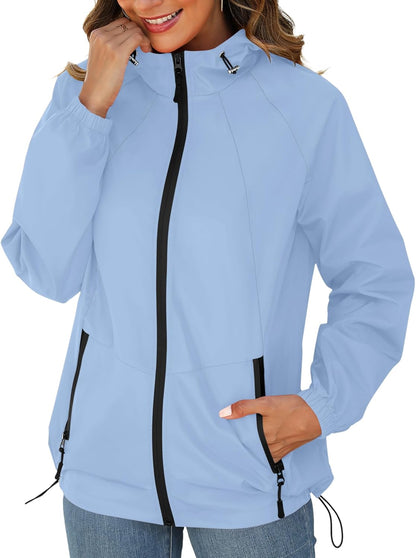 Rain Jacket for Women Waterproof Lightweight Windbreaker Jacket with Hood Packable Raincoat with Pockets S-3XL