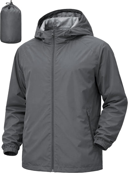 Men's Rain Jacket Windbreaker Waterproof Jacket Raincoat Cycling Running Hiking Gear Hood Lightweight Packable