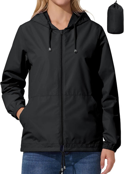 Womens Rain Jacket Lightweight Windbreaker Waterproof Raincoat Cycling Running Hiking Gear Hood Packable