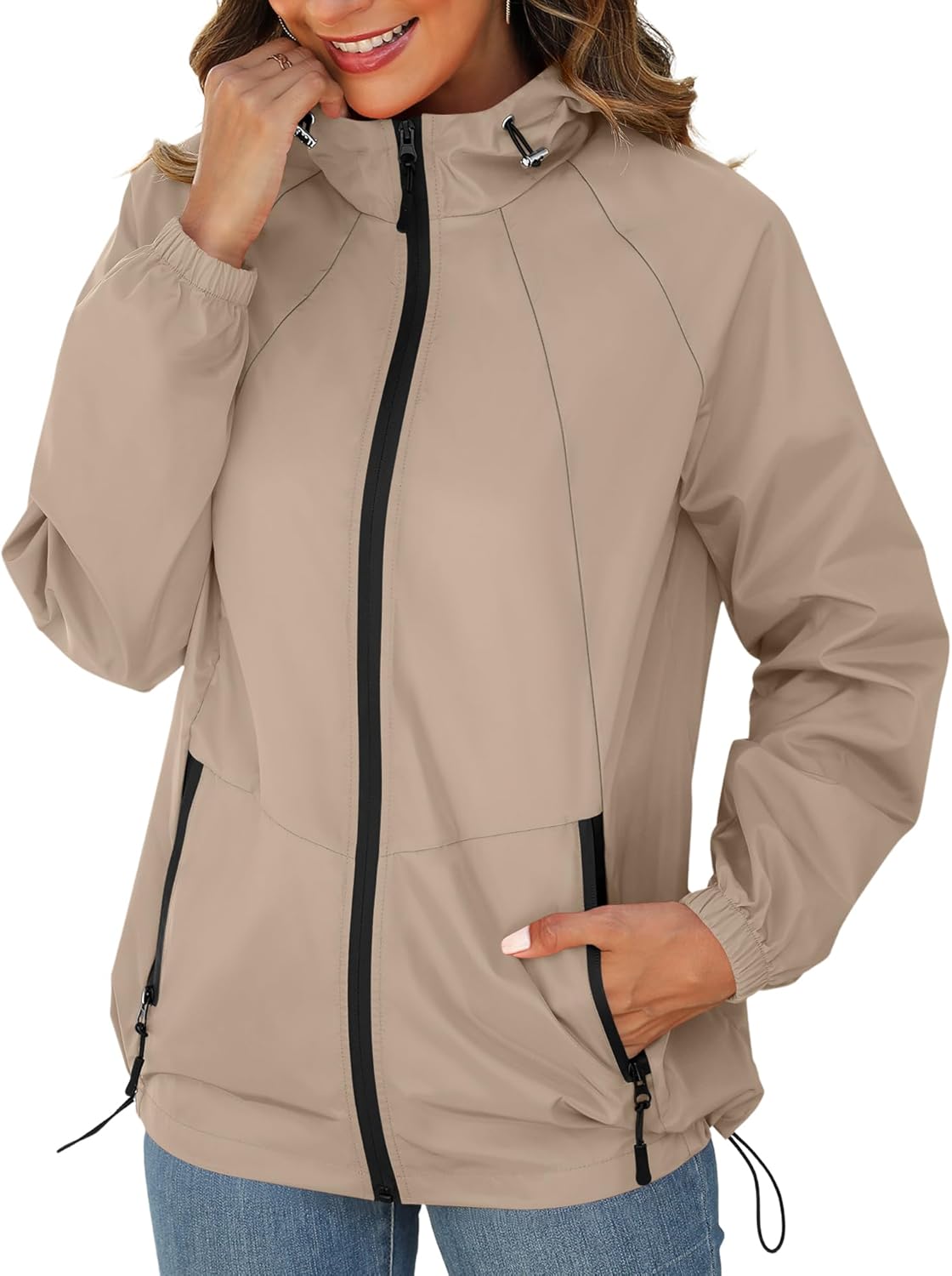 Rain Jacket for Women Waterproof Lightweight Windbreaker Jacket with Hood Packable Raincoat with Pockets S-3XL