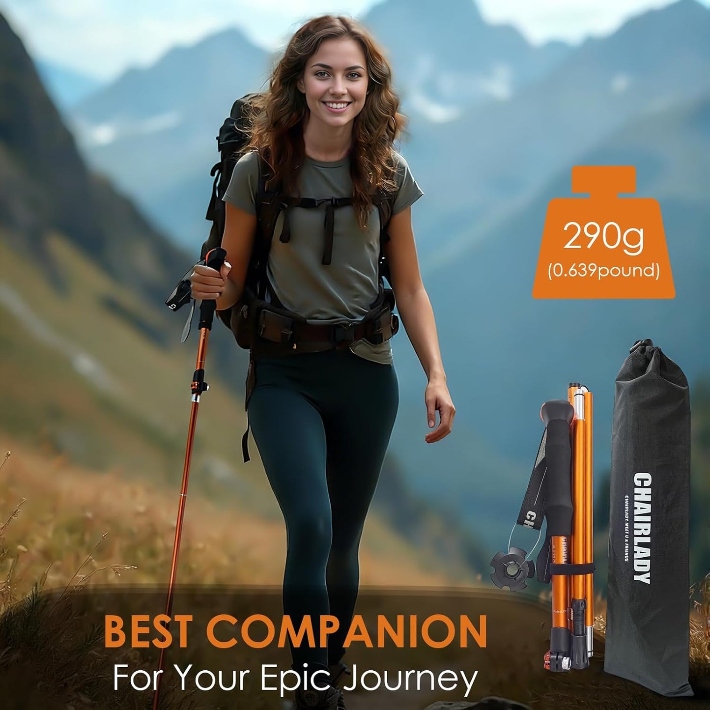 Collapsible Trekking Pole 7075 Aluminum Adjustable 43.3"-51.2" Hiking Pole Quick-Lock Design, Walking Sticks for Hiking/Camping/Travel (Matte Orange)