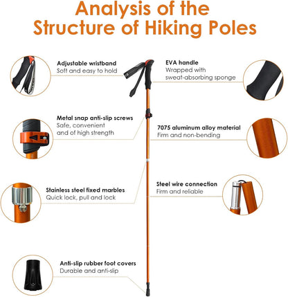 Collapsible Trekking Pole 7075 Aluminum Adjustable 43.3"-51.2" Hiking Pole Quick-Lock Design, Walking Sticks for Hiking/Camping/Travel (Matte Orange)