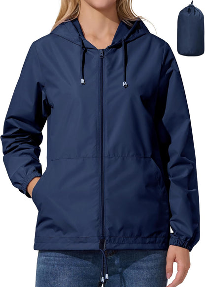 Womens Rain Jacket Lightweight Windbreaker Waterproof Raincoat Cycling Running Hiking Gear Hood Packable