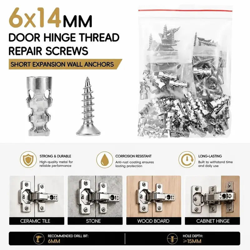 🔩 6×14mm Short Expansion Screw Set for Cabinet Hinge Repair & Stripped Thread Restoration