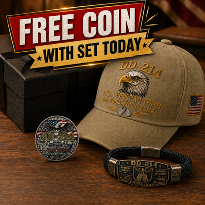 DD-214 Veteran Honor 3-Piece Gift Set – Embroidered Cap, Coin & Bracelet