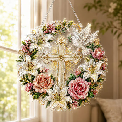 ✝️💐 Cross, Flowers & Dove Diamond Art Hanging Ornament Kit – A Relaxing DIY Craft Filled with Faith & Peace ✨🙏