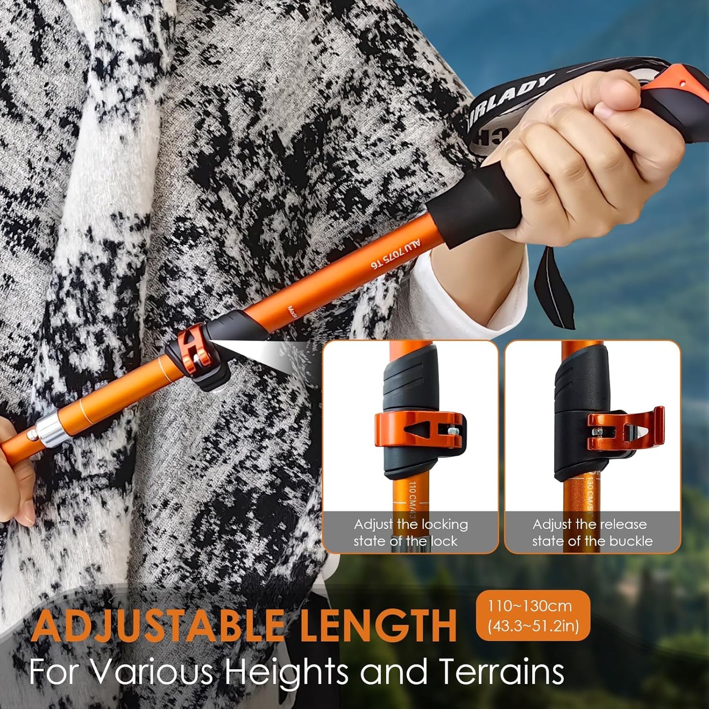 Collapsible Trekking Pole 7075 Aluminum Adjustable 43.3"-51.2" Hiking Pole Quick-Lock Design, Walking Sticks for Hiking/Camping/Travel (Matte Orange)