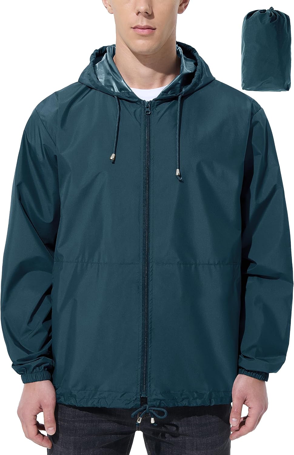 Mens Rain Jacket Raincoat Windbreaker Running Waterproof Lightweight Packable with Hood Travel Hiking Cycling