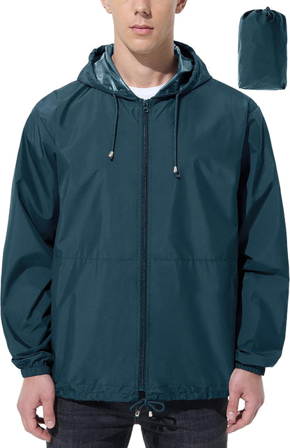 Mens Rain Jacket Raincoat Windbreaker Running Waterproof Lightweight Packable with Hood Travel Hiking Cycling