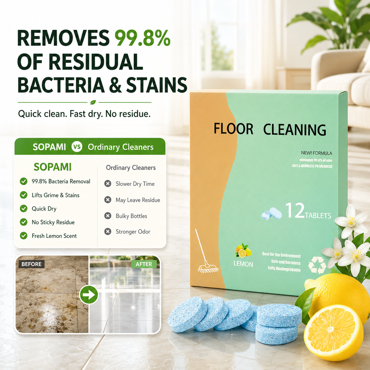 Fast-Drying Lemon Floor Cleaning Tablets