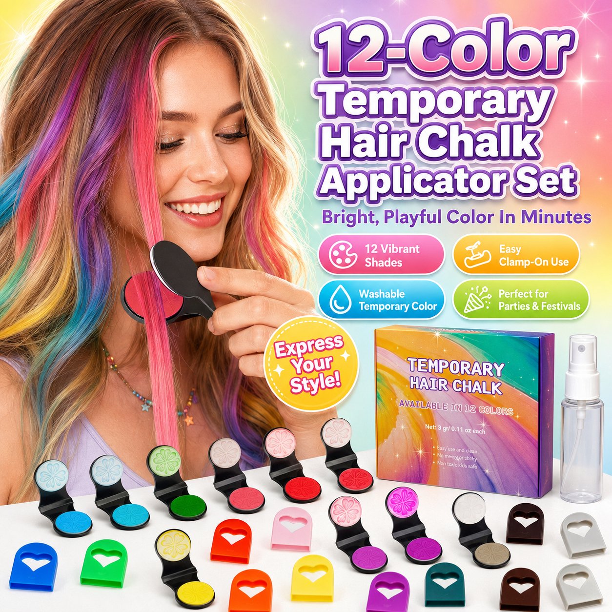 12-Color Temporary Hair Chalk Applicator Set