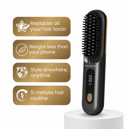 Black Compact Portable Heated Comb Straightener - USB Type-C Charge, 3 Heat Modes, Lightweight Wireless Adjustable Tool for Smooth, Frizz-Free Hair (Portable Hair Straightener for Travel)