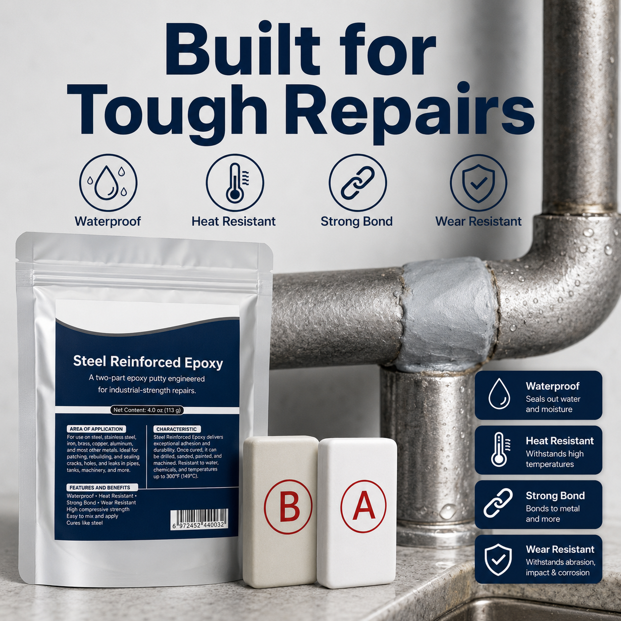 Steel Reinforced Epoxy Repair Putty — Universal Glue for Metal, Wood, Plastic