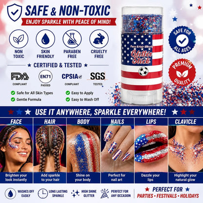 🦅4th of July Glitter Stick✨Red, White & Blue Body & Hair Sparkle.