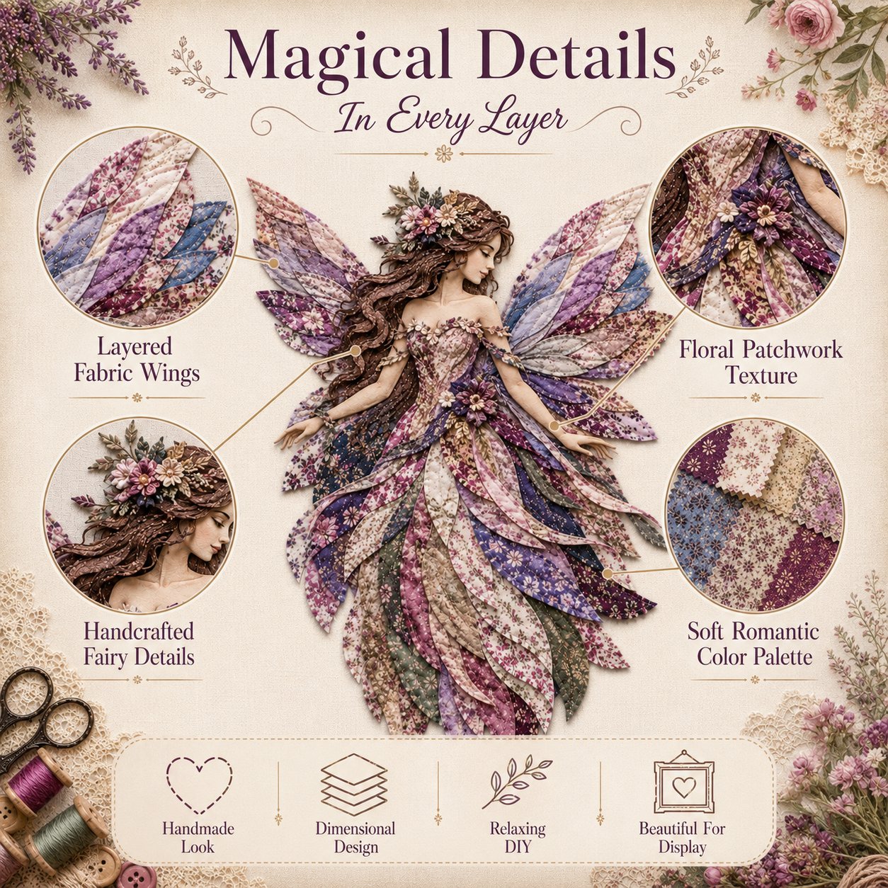 Premium Fairy Patchwork DIY Kit | High-Quality Layered Fabric with Floral Wings DIY Handmade Fantasy Wall Decor ✨