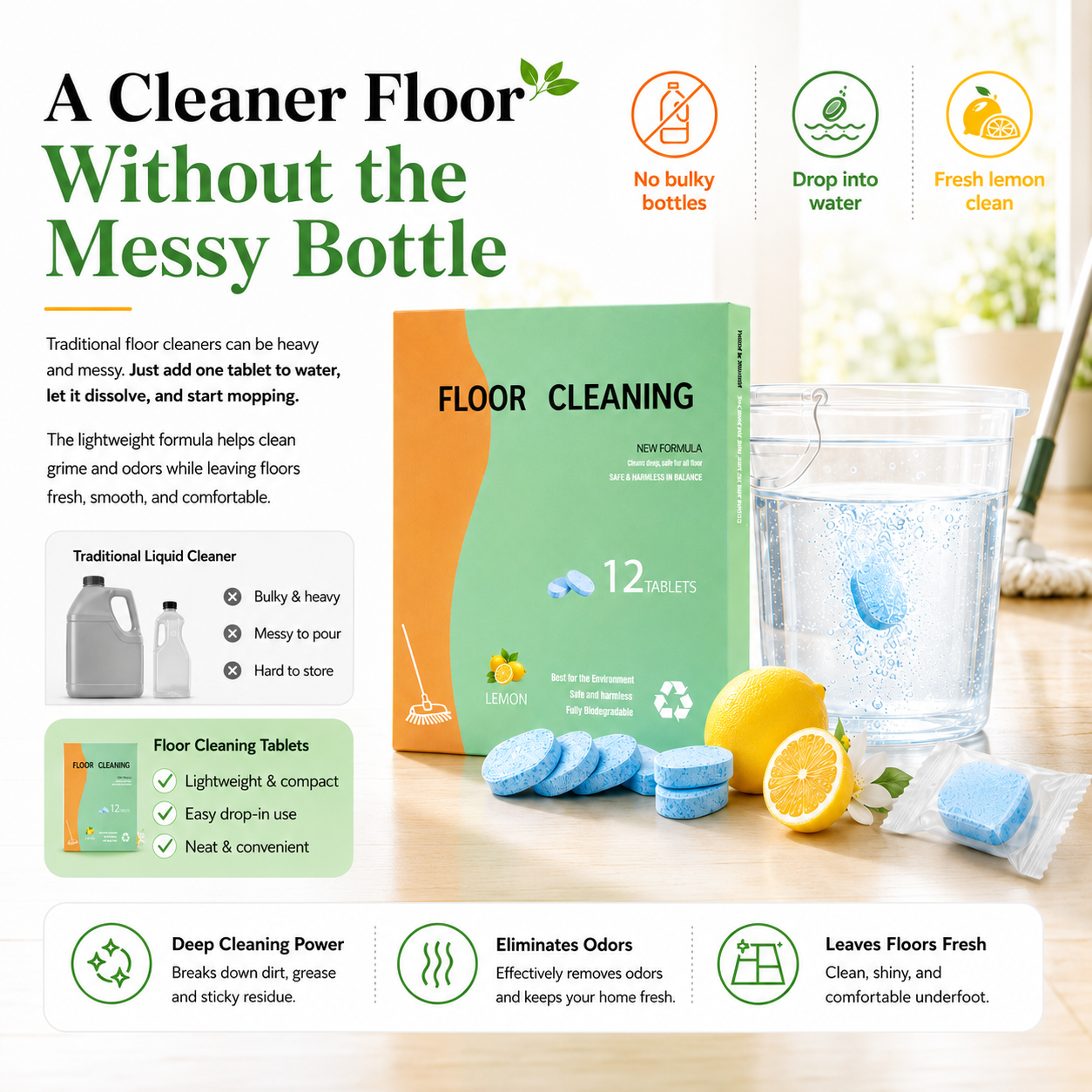 Fast-Drying Lemon Floor Cleaning Tablets