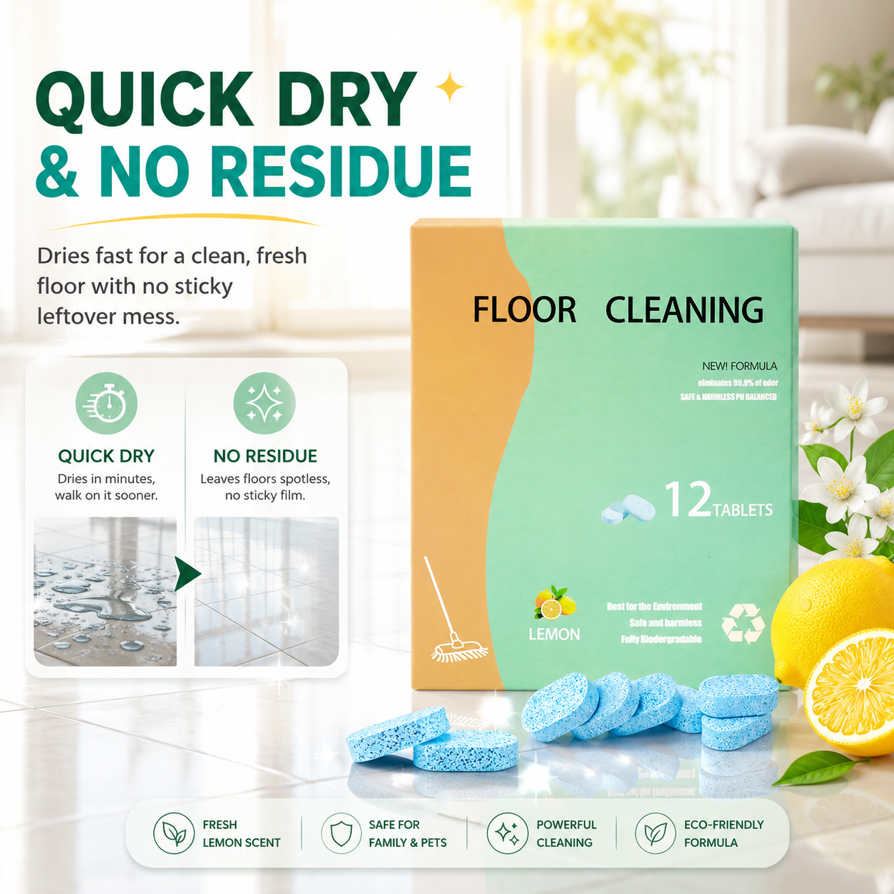 Fast-Drying Lemon Floor Cleaning Tablets
