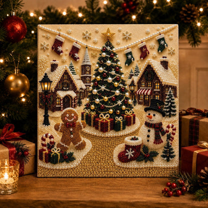 🎄🎅 Premium 3D Pearl Christmas Wall Art Kit | Luxury Flocked Canvas with Scratch-Resistant Non-Fading Pearl Beads DIY Holiday Decor ⛄️❄️