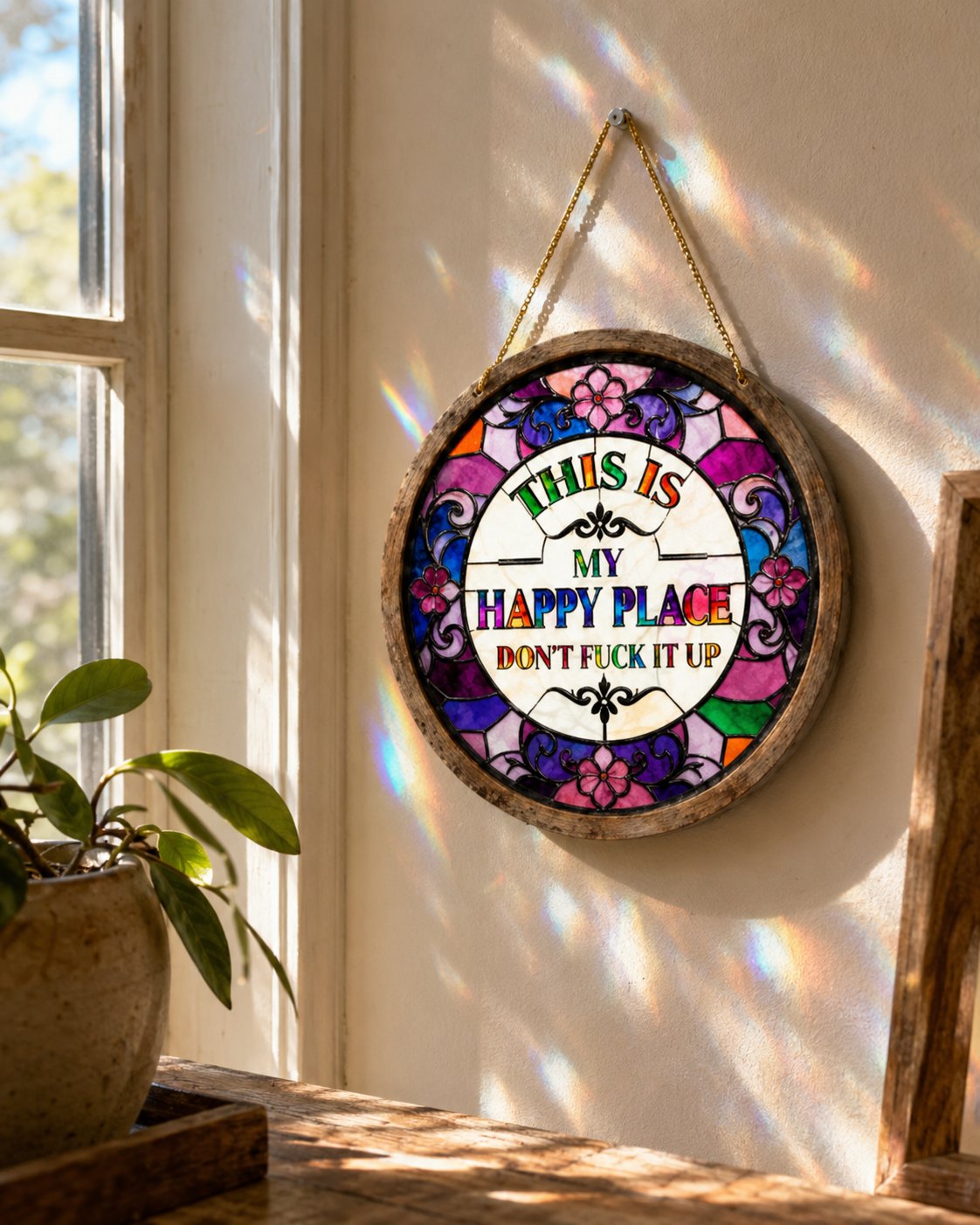 Stained Glass-Style Happy Place Hanging Suncatcher | Sunlight-Catching Quote Decor for Windows, Porches, Patios & Gifts ✨